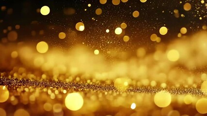 Poster - Golden particles rise softly in a warm light creating a shimmering atmosphere of elegance and beauty, Background of golden light and particles rising, particles wave stage