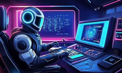 Poster - Futuristic robot pilot in a high-tech cockpit