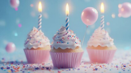 Leinwandbilder - Colorful cupcakes with candles lit and surrounded by confetti sprinkles, perfect for birthday celebrations or party decorations