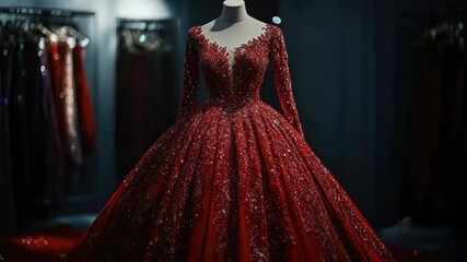 Poster - A fashion mannequin dressed in a bright red gown with sequins, great for editorial or commercial use