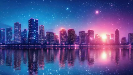 Poster - Nighttime view of a city's skyline seen from the waterfront, great for urban or travel themes