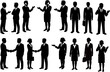© 耕一 秋山 - This image features black silhouette icons of businessmen and businesswomen in various professional poses, such as talking, shaking hands, and using a phone. It represents typical office or corporate