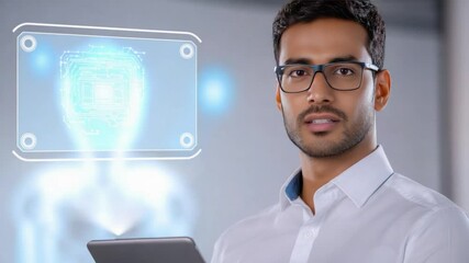 Poster - Tech-Savvy Professional with Futuristic Interface: A smart professional with glasses is shown a futuristic interface screen, depicting advanced technology and innovation.