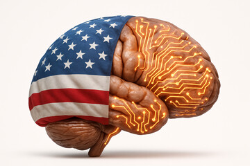 Fototapete - A brain with half covered in american flag and the other half with circuit board design on white background