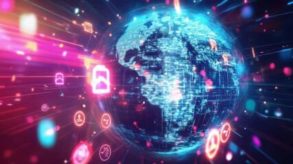 Poster - Global Digital Connectivity: An artistic depiction of our interconnected digital age, where data streams across continents, linking individuals and ideas, reflecting global innovation.