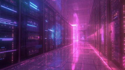 Aufkleber - Digital Labyrinth: A futuristic server room glows with neon lights, showcasing rows of servers in a corridor, with data streaming across a digital pathway.