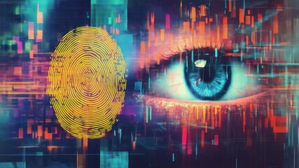 Poster - Digital Identity: A striking visual representation of biometric identification, combining a close-up of an eye with digital fingerprint data.