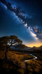 Wall Mural - spectacular milky way over grass landscape with winding path, distant mountains, and single old tree