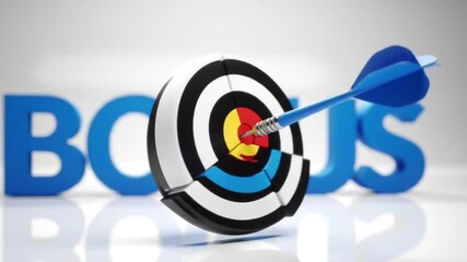 Poster - Blue Arrow Piercing Bullseye Target Before Bonus Text on White Background Reflective Surface Emphasizing Precision and Achievement