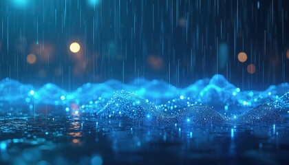 Poster - 3D illustration of rainy scene with futuristic tech connections. Blue digital dot network, rain, reflective surfaces create abstract digital cyberspace. Represents data, innovation, cybersecurity,