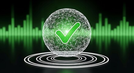 Aufkleber - Wireframe globe with a green check mark inside. Global data security and verification concept. Successful network validation.