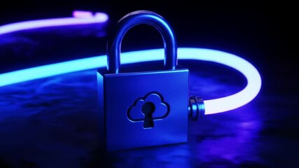 Poster - Metallic Blue Padlock with Cloud Design Connected to Glowing White Tube with Blue Neon Accent for Cyber Security and Data Protection