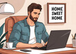 © rena - Working at home vector flat style illustration. Online career. Man working on laptop