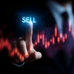 Poster - A finger tapping SELL on a financial hologram beside charts