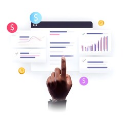 Poster - Hand navigating a revenue interface with charts and goal markers