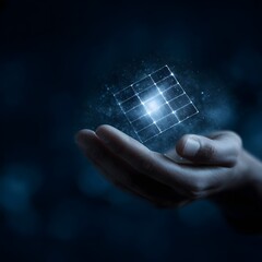 Poster - Glowing solar panel icon floating above a hand