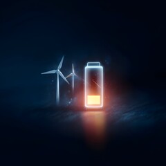 Poster - Glowing battery icon connected to solar and wind power symbols