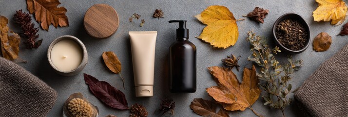 Poster - Autumn Body Care Collection on a Tabletop With Falling Leaves Creating a Serene and Cozy Atmosphere for Self-Care Moments