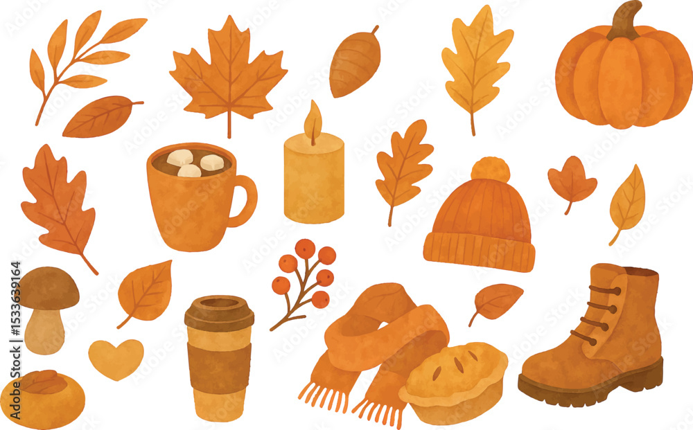 This vibrant autumn season illustration features cozy fall elements: pumpkins, falling leaves, warm mugs with marshmallows, candles, scarves, hats, boots, and pies. Rich orange, brown, and yellow hues