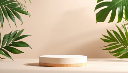 Poster - Minimalist showcase of round platform surrounded by lush greenery studio setting photography natural aesthetic