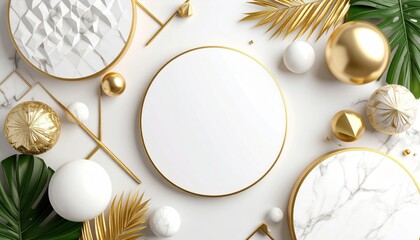 Poster - Elegant golden and white decor elements for stylish events studio setup decorative content clean environment top view