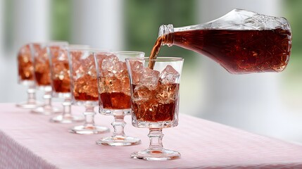 Poster - A refreshing commercial for a new line of soft drinks, with slow-motion footage of the cans being opened, poured over ice, and enjoyed by people at a lively outdoor party, emphasizing the drink's