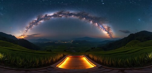 Wall Mural - Night panorama of Milky Way over mountains, valley, rice fields in Chiang Mai Thailand. Starry night sky, zodiac light in the evening. Beautiful landscape with glowing lights on wooden pathway.