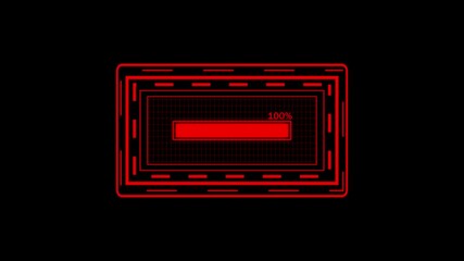 Fototapete - Red technology interface with a progress bar illustrating digital data processing. Loading bar with percentage inside a tech-style frame. Progress indicator visualizes task completion