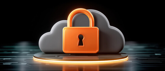 Poster - Cloud network security concept with orange lock on cloud shape and digital background glowing in dark