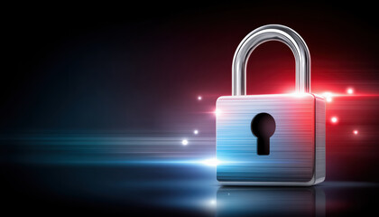 Poster - Network security concept with metallic padlock glowing with blue and red light on dark background symbolizing protection and safety