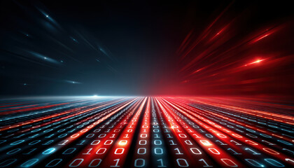 Fototapete - Digital network security concept with glowing binary code in red and blue light beams creating futuristic data flow effect