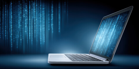 Poster - Digital network security concept with laptop and binary code data stream in blue light