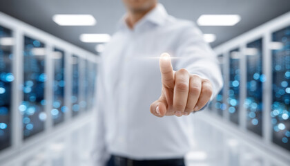 Poster - Network security concept with person pointing finger in data center room with server racks and blue lights creating futuristic atmosphere