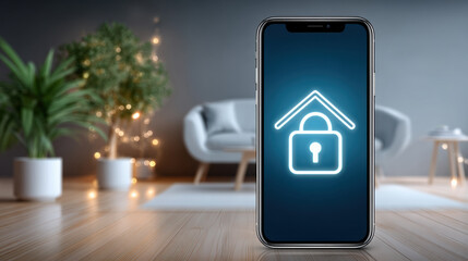 Poster - Smartphone with home security lock icon on screen in modern living room showing network security concept
