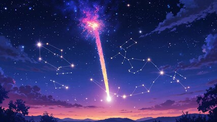 Wall Mural - Twilight Sky Animation with a Vibrant Meteor and Shimmering Constellations