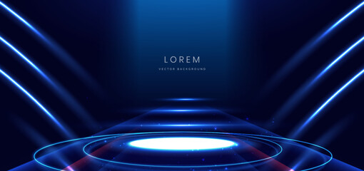 Poster - Scene glowing on dark blue background with glowing neon lights podium in futuristic. Concept technology, gamer.