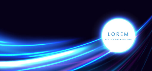 Poster - Circle glowing with blue and pink curved ray decoration on dark blue background. Hi-speed motion moving concept.