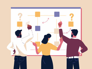 Poster - Teamwork and Strategy Diverse Professionals Collaborating on a Flowchart Brainstorming Solutions and Planning for Success in a Modern Business Setting