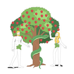 Aufkleber - Adam and Eve with serpent at tree of knowledge 2D cartoon bible characters. Biblical people, snake coiled around appletree trunk flat vector people isolated on white. Spot illustration colorful