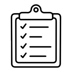 Aufkleber - Outline style image depicts a clipboard with a paper attached, features multiple lines, each with a checkmark, denoting a completed list or multiple approvals. Related to project completion, outcomes
