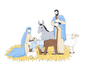 Aufkleber - Nativity with baby Jesus and family 2D cartoon bible characters. Divine newborn in manger, surrounded by Mary, Joseph, donkey, lambs flat vector people isolated on white. Spot illustration colorful