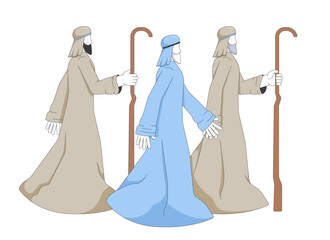 Aufkleber - Three shepherds on biblical journey in nativity story 2D cartoon bible characters. Middle eastern wise men travelers in ancient robes flat vector people isolated on white. Spot illustration colorful