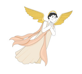Poster - Floating graceful angel with wings and flowing robes 2D cartoon bible character. God messenger. Praying divine being with clasped hands flat vector person isolated on white. Spot illustration colorful
