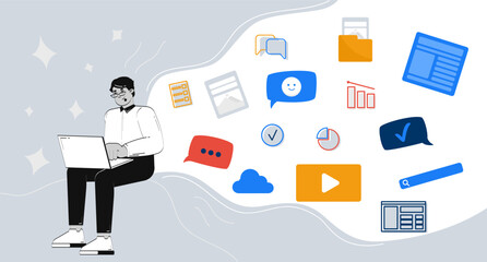 Poster - Content creation in digital marketing 2D illustration concept. Productivity analysis. Remote job. Multitasking laptop user cartoon conceptual abstract vector art. Flat metaphor on grey background