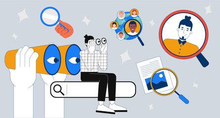Poster - Talent search and online recruitment 2D illustration concept. HR manager using binoculars for top candidates, headhunting cartoon conceptual abstract vector art. Flat metaphor on grey background