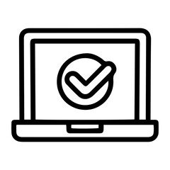 Poster - Outline style image depicts a laptop computer with a prominent checkmark symbol displayed on its screen, indicating security, safety, successful operation. Related to digital security, data protection