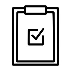 Aufkleber - Outline style image depicts a clipboard with a paper attached, features a single prominent square checkbox containing a checkmark, symbolizing completion or approval. Related to verification