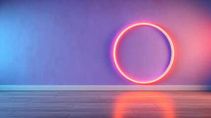 Poster - 3D Rendering of empty wall room with glowing neon light in glass glossy ring. purple red color tone. For modern product business technology background 85883976 1