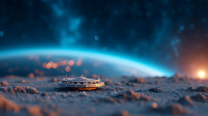 Poster - 3D Rendering of mechanical pedestal on rough rocky planet with glowing blue planet background. For display technology product 60092924 1