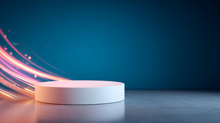 Poster - 3D Rendering of futuristic podium. Blank pedestal for product display with glowing circular swirl lights and reflection on dark floor 22728905 1